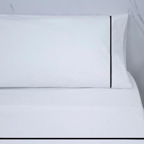JUEGO SABANAS ELEGANCE PERCAL 200 HILOS BLANCO con ribete Negro satinado