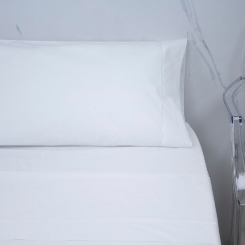JUEGO SABANAS ELEGANCE PERCAL 200 HILOS BLANCO con ribete blanco satinado